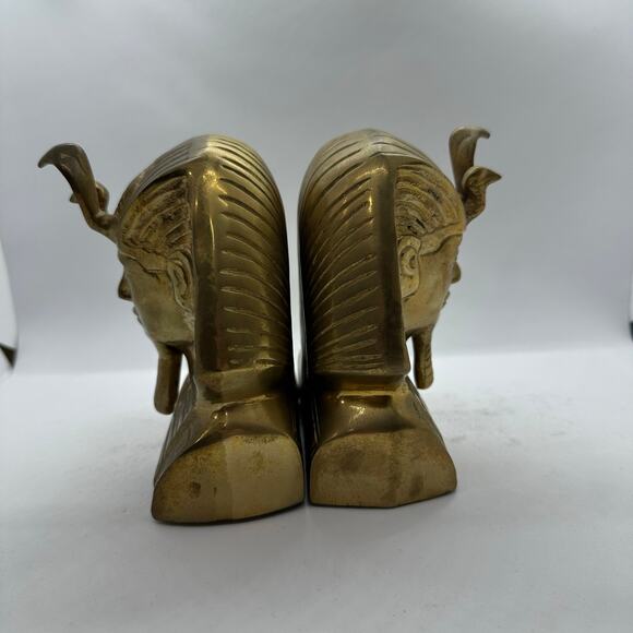 Vintage Solid Brass Egyptian Bookends Pharaoh Tutankhamun Pair Egypt Heavy - Picture 4 of 5